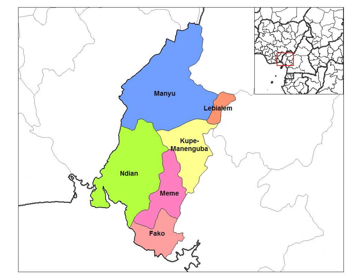 Mapa Południowo-Zachodniego regionu cameroo