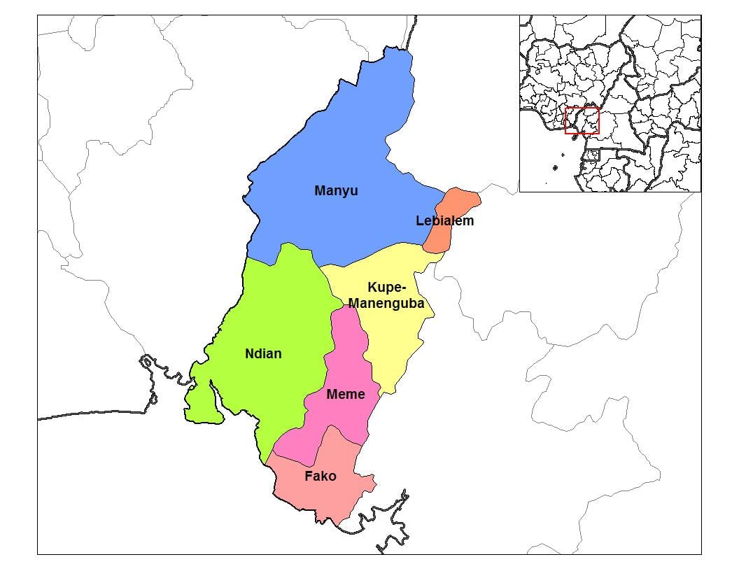 Mapa Południowo-Zachodniego regionu cameroo